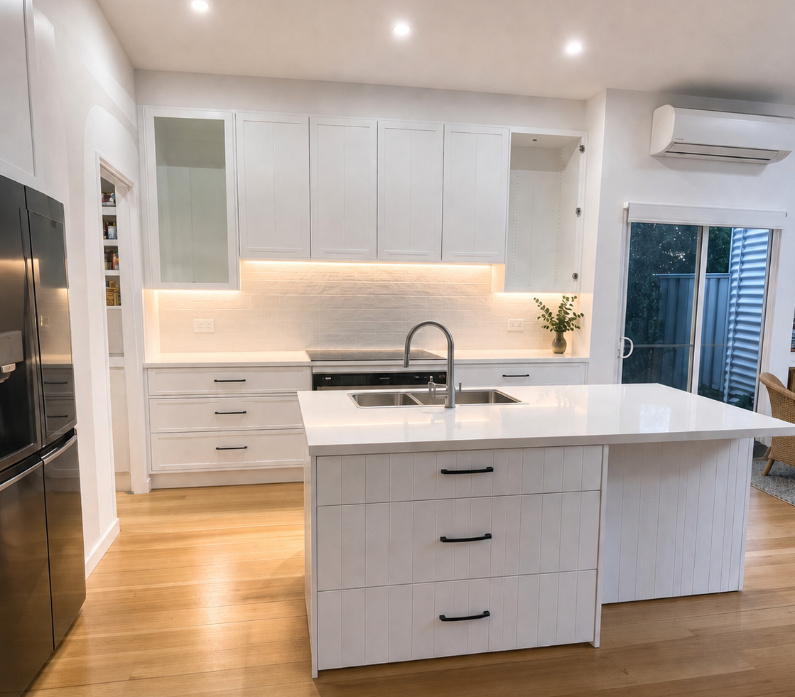 Finished minimalistic modern farmhouse Hamptons inspired kitchen with LED lighting
